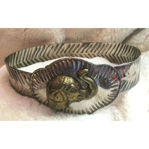 VTG Hand Hammered Silver Metal Waist Belt Band/raised Brass Elephant Head Buckle